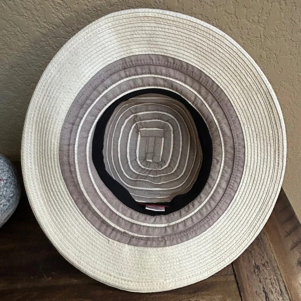Canadian Hat Womens Packable Wide Brim Sun Hat Taupe Ivory Striped Travel M - Picture 10 of 15